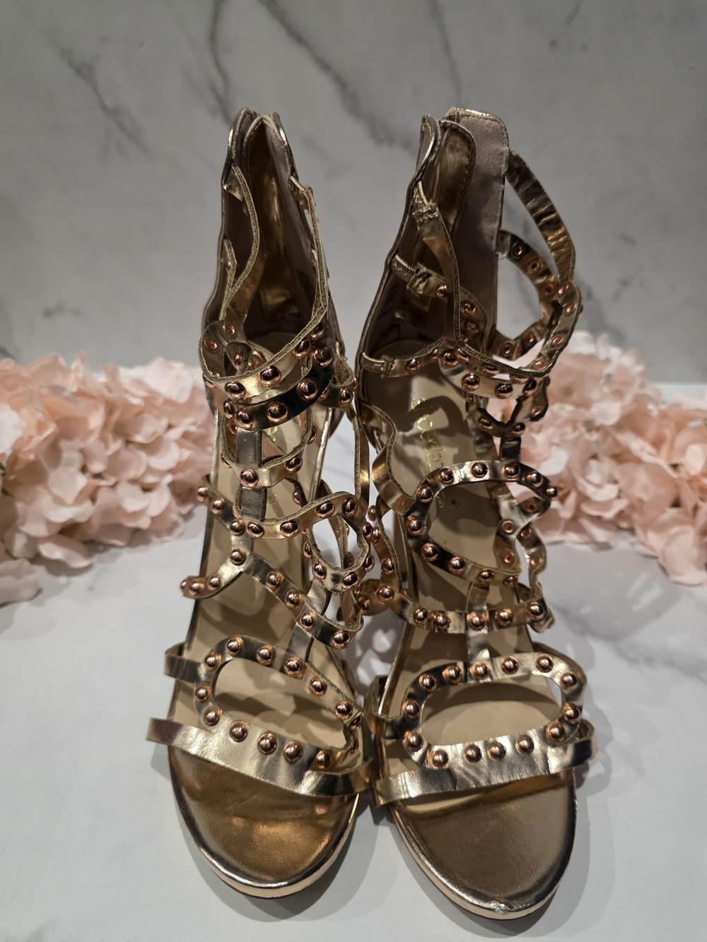 Shoe Dazzle - Rose Gold Studded Strappy High Heel Booties